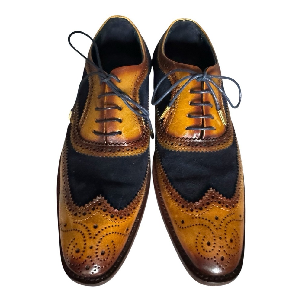 Lethato Wing Tip Oxford Brogue Shoes Men 9.5/10 Brown Navy Leather Lace Up - Picture 10 of 11
